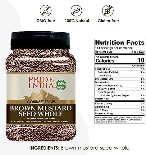 Pride Of India – Brown Mustard Seed Whole – Gourmet Indian Spice – Hot & Spicy Flavor – Ideal Seasoning for sauces/dips/Spice Blends – Easy to Store – 12 oz. Medium Dual Sifter Bottle