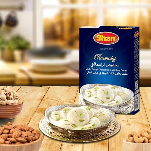 Shan Special Rasmalai Traditional Dessert Mix 3.5 oz (100g) - Powder for Cottage Cheese Balls in Milk Syrup - Suitable for Vegetarians - Airtight Bag in a Box