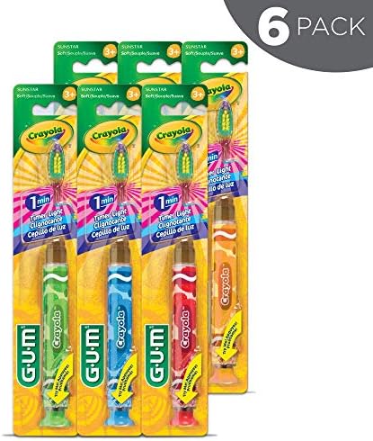 GUM Crayola Timer Light Toothbrush for Kids, Soft Bristles, Suction Cup Base, Children & Toddler Toothbrush 3 Year Old + (6pk)