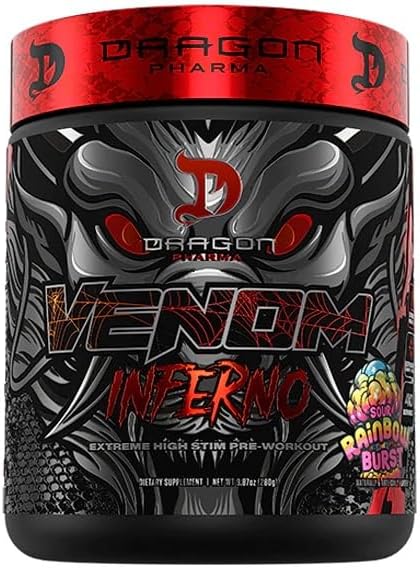 DRAGON PHARMA Venom Inferno, Extreme High-Stim Pre-Workout, Explosive Energy and Unparalleled Focus (40 Servings, Sour Rainbow Burst)