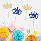 24Pcs Crown Cupcake Toppers Prince and Princes Blue Gold Glitter Royal Crown Cupcake Picks King Queen Crown Cupcake Decors for Prince Crown Theme Baby Shower Party Decoration Supplies