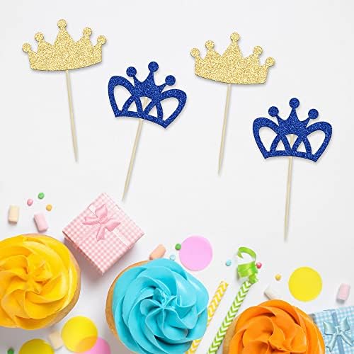 24Pcs Crown Cupcake Toppers Prince and Princes Blue Gold Glitter Royal Crown Cupcake Picks King Queen Crown Cupcake Decors for Prince Crown Theme Baby Shower Party Decoration Supplies
