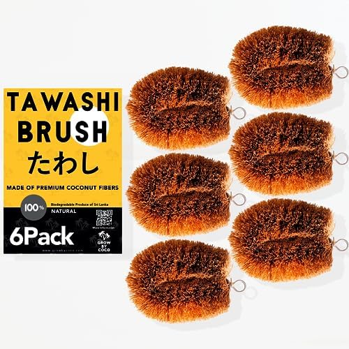 Pack of 6 Tawashi Vegetable Scrub Brush,100% Natural Coconut Coir Fiber VegetableBrush, Ideal for Fruit Scrub, Kitchen Cleaning Needs, Kamenoko Japanese Design