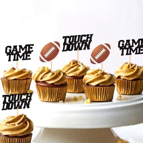 24Pcs Glitter Brown Rugby Cupcake Topper Touch Down Game Time Cupcake Picks for Rugby Ball Baby Shower Sport Boys American Football Birthday Cupcake Decorations Rugby Party Decorations