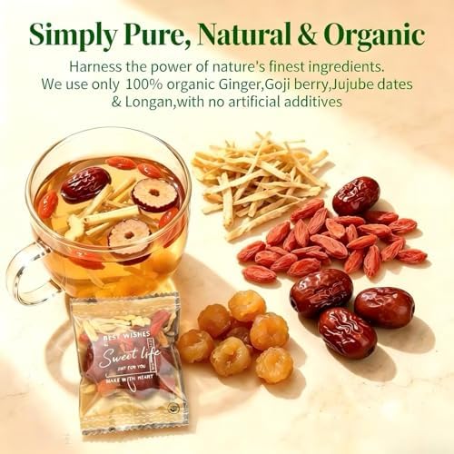 Eastrue Ginger Tea Blend Goji Berry,Jujube Red Dates,Longan,-Supports Pregnancy Nausea Relief & Morning Sickness,Postpartum Essentials & Mothers Milks Lactation Tea,Traditional Chinese Herbal Tea for Women,Caffeine-Free,Organic,(200g/20Bags)