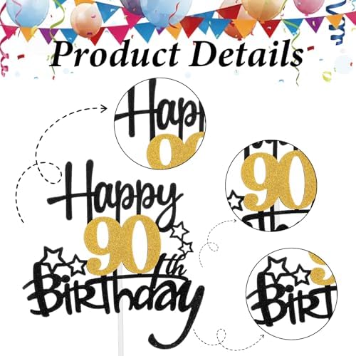 Happy 90th Birthday Cake Topper, Glitter Cheers to 90 Years Cake Topper, Fabulous Cake-Decoration for Happy 90th Birthday, Anniversary Party Cakes Decorations Supplies (Black, Gold)
