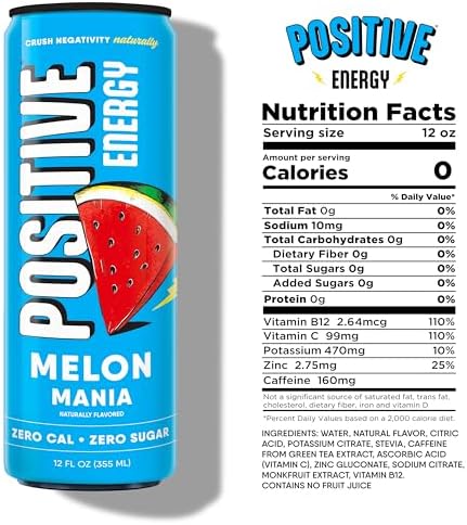 Positive Energy Beverage | Melon Mania | 12-oz Can, Pack of 12 | Zero Sugar Energy Drink, Supports Immunity and Hydration