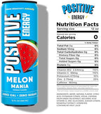 Positive Energy Beverage | Melon Mania | 12-oz Can, Pack of 12 | Zero Sugar Energy Drink, Supports Immunity and Hydration