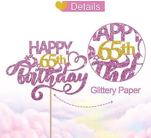 Pink Glitter Happy 65th Birthday Cake Topper, 1 x 6.3" x 3.5" Sixty Five Years Old Birthday Party Cake Decor, Gold Number 65