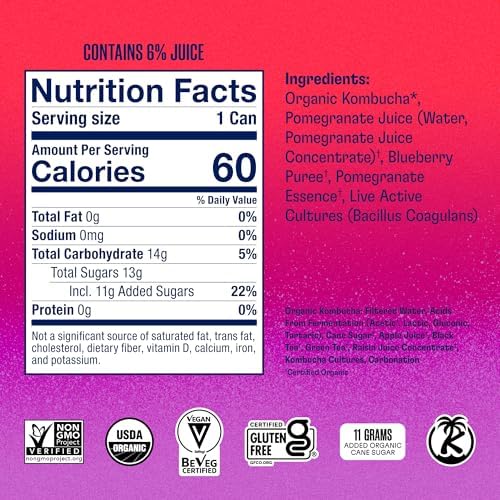 Health-Ade Pomegranate Blueberry Kombucha, Organic Drink, 12-Pack (11.5 Fl Oz Cans) - Fermented Tea with Probiotics, Detoxifying Acids, Supports Gut Health - Non-GMO, Vegan, Gluten-Free