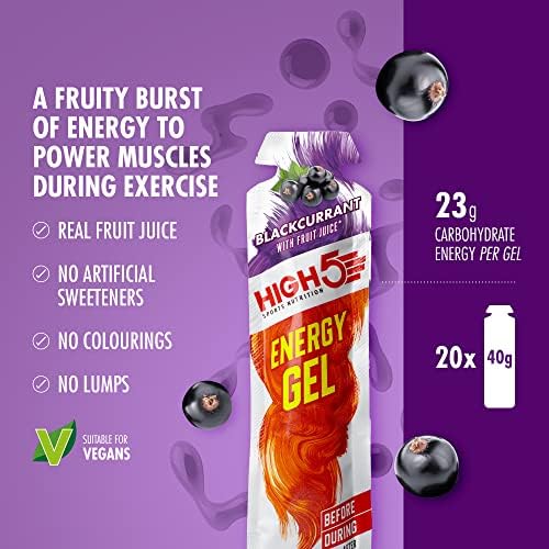 HIGH5 Energy Gels - Quick Release Sports Gels to Power Muscles for Top Performance - Natural Fruit Juice & Caffeine-Free - On The Go Energy Boost for Running, Cycling and More (Blackcurrant, 20 x 40g)