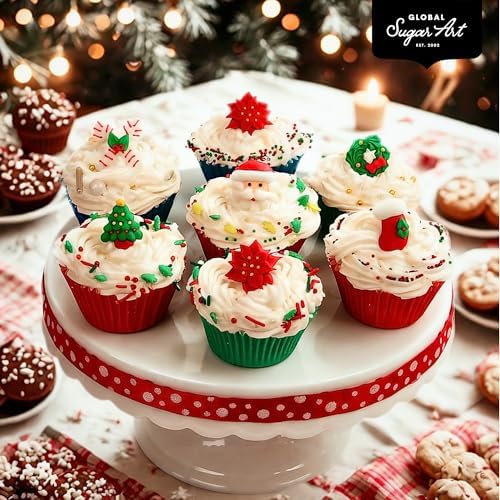 Christmas Cupcake Toppers, Holiday Cake Toppers, Royal Icing Decorations, Cupcake Decorations, Cake Toppers, Holiday, Edible, Cookies and Chocolates, by Global Sugar Art (Wreath Poinsettia, 36 Count)