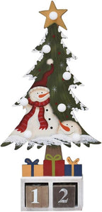 E-view Christmas Advent Calendar Wooden Xmas Tree Tabletop Decor with Lights, Rustic Countdown with Number Blocks Wood Santa Snowman Decoration Indoor Holidays Ornament (Snowman A)