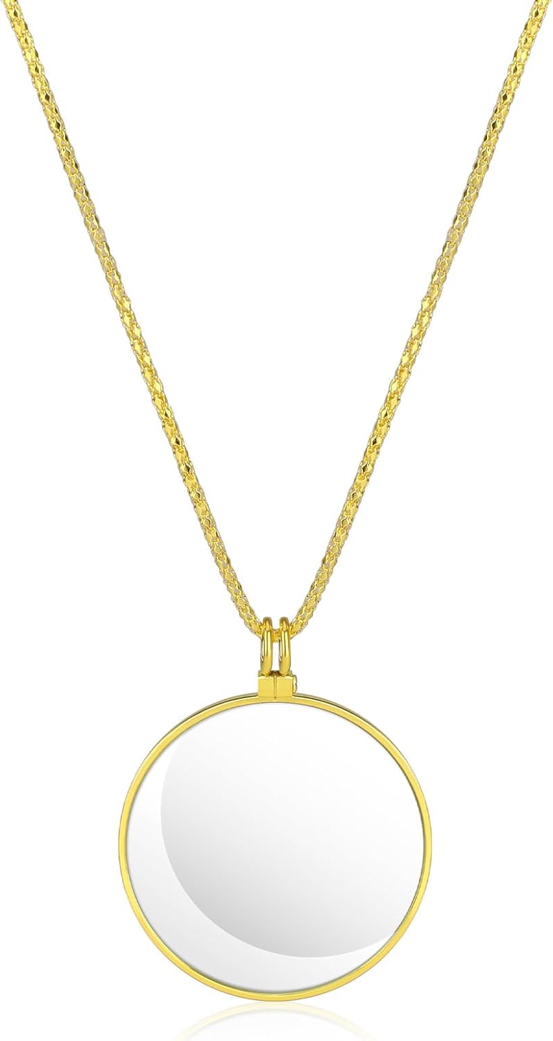 5X Magnifying Glass Necklace Monocle, Necklace Magnifier Glass Gold Costume Prop with 1.7 Inch Glasses Lens and 35inch Long Chain, Magnifying Pendant Eyepiece for Library Reading Newspaper