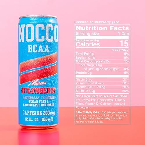 NOCCO Zero Sugar Energy Drink, Miami Strawberry - 12 Fl Oz (Pack of 12) - 180mg Caffeine, Sugar Free, Branched Chain Amino Acids, Carbonated, Low Calorie, B Vitamins, Grab & Go Performance Beverage