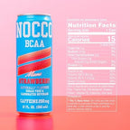 NOCCO Zero Sugar Energy Drink, Miami Strawberry - 12 Fl Oz (Pack of 12) - 180mg Caffeine, Sugar Free, Branched Chain Amino Acids, Carbonated, Low Calorie, B Vitamins, Grab & Go Performance Beverage