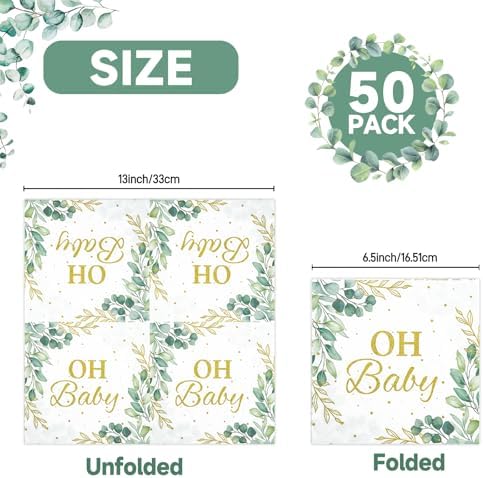 50pcs Eucalyptus Leaf Oh Baby Napkins Greenery Baby Shower Party Supplies Sage Green Luncheon Napkins Disposable Paper Napkins for Baby Shower Boys Girls Kids Table Decorations