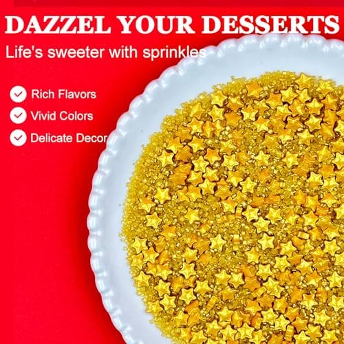 Gold Sprinkles for Cake Decorating, Star Sanding Sprinkles Mix for Cookie Baking Ice Cream Brownie Cupcake Toppings