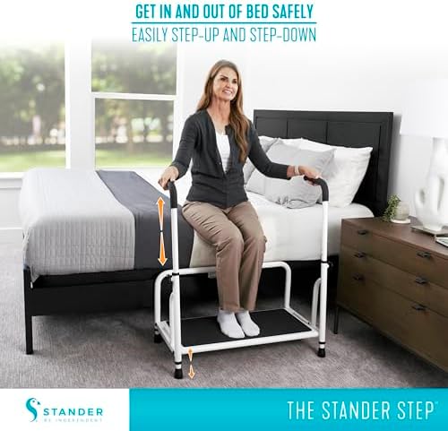Stander Step-Stool, Portable Step with Adjustable Handles for Seniors and Elderly Adults, Extra Wide Heavy Duty Step-Ladder for Fall Prevention, Grab Bars, Motion Activated LED Light, White