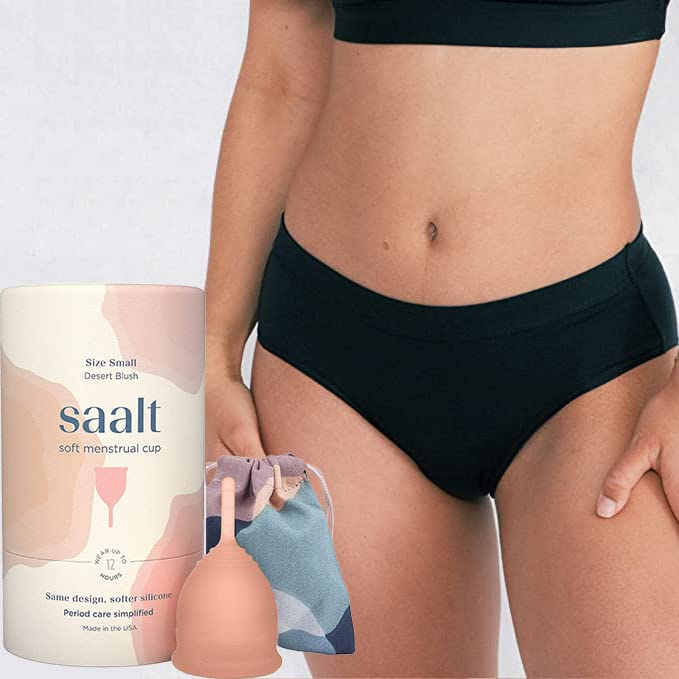 Saalt Soft Menstrual Cup (Desert Blush, Small) & Cotton Brief Period 100% Cotton Underwear (Medium) - Super Soft and Flexible - Best Sensitive Cup - Wear for 12 Hours - Made in USA