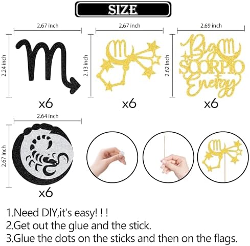 24Pcs Big Scorpio Energy Cupcake Toppers - Scorpio Season Birthday Decorations - October/November Horoscope Scorpio Birthday Pary Decorations Black Gold & Silver