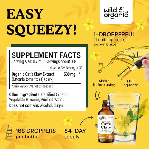 Wild & Organic Cats Claw Herb Supplement - Immune Support - Pure Cats Claw Tincture - Add to Tea Liquid Drops - Uncaria Tomentosa Bark - Vegan, Sugar & Alcohol-Free - 4 fl oz