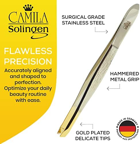CS29 3 1/2" Gold Tipped, Surgical Grade, German Stainless Steel Tweezers (Slanted) - Flawless Eyebrow and Facial Hair Shaping and Removal for Men/Women