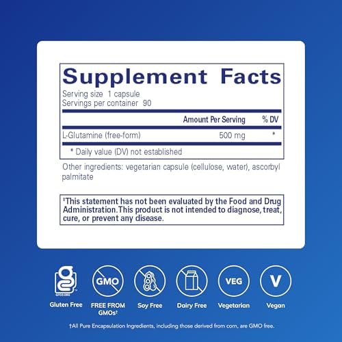 Pure Encapsulations L-Glutamine 500 mg - Supplement for Immune and Digestive Support, Gut Health and Lining, Metabolism, and Muscle Support* - with Free-Form L-Glutamine - 90 Capsules
