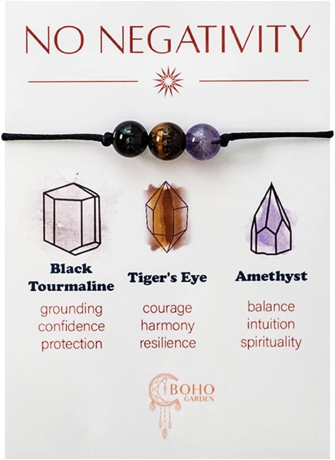 BOHO GARDEN Healing Bead Bracelets - Spiritual Crystal Beaded Bracelet - Made of 3 Real & Natural Gemstones, Adjustable 3-9.7” Black Rope - Gem Stones Jewelry for Men, Women, Teens (13+) - 8mm Bead