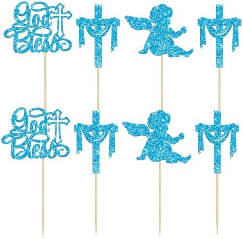 Gyufise 24Pcs God Bless Cross Cupcake Toppers Angel Christening Baby Shower Boy Baptism Cupcake Pick Decorations for First Communion Baptism Party Cake Decorations Blue