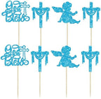 Gyufise 24Pcs God Bless Cross Cupcake Toppers Angel Christening Baby Shower Boy Baptism Cupcake Pick Decorations for First Communion Baptism Party Cake Decorations Blue