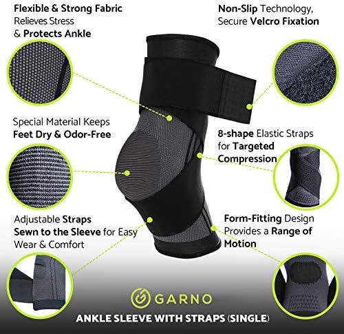 GARNO Ankle Brace – Compression Foot Sleeve with Adjustable Straps for Men & Women, Plantar Fasciitis & Achilles Support, Heel & Arch Pain Relief, Swelling & Injury Recovery, Protection for Sports, Running & Basketball (One Size Fits Most, Black)