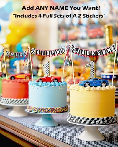 Race Car Cake Topper, Custom Name Race Car Birthday Cake Decorations, Race Car Party Decorations Checkered Flag Cake Banner