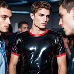 Latex Men Rubber T-Shirt,Black and Red Short Sleeves Latex Top Shirt Cosplay Theme Party Costumes