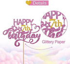 Pink Glitter Happy 7th Birthday Cake Topper, Seven Years Old Birthday Party Cake Decor, Gold Number 7 Birthday Party Supplies Decorations for Girl or Boy