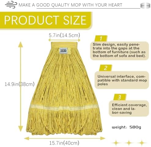 21 Oz Yellow Cotton Mop Head Replacement Heavy Duty Industrial Commercial Mop Head Washable Industrial mop Heads Heavy Duty for Commercial & Home Cleaning