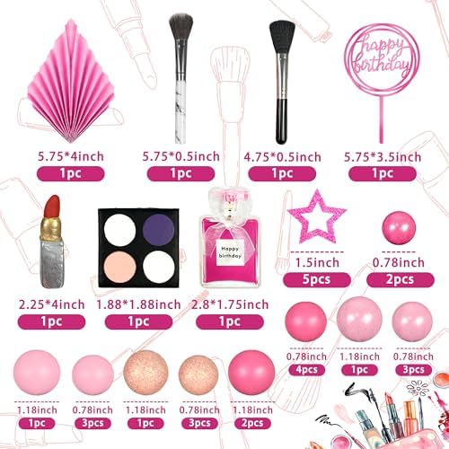 32 PCS Makeup Cake Topper Happy Birthday Cake Topper with Lipstick Eye Shadow Makeup Brush for Birthday (Hot pink)