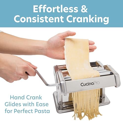 Pasta Maker Deluxe Set- Stainless Steel Machine w 3 Interchangeable Attachments- Make 5 Different Pastas- Spaghetti Fettuccini Angel Hair Ravioli Lasagnette- Durable Cutters for Adjustable Thicknesses