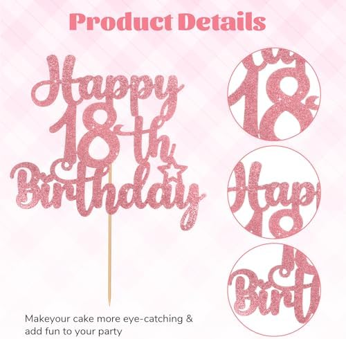 1PCS Happy 18th Birthday Cake Topper, Glitter Rose Gold 18th Birthday Decorations for Girls, Happy 18th Birthday Decorations, Perfect Gifts for 18 Year Old Girl, Party Supplies