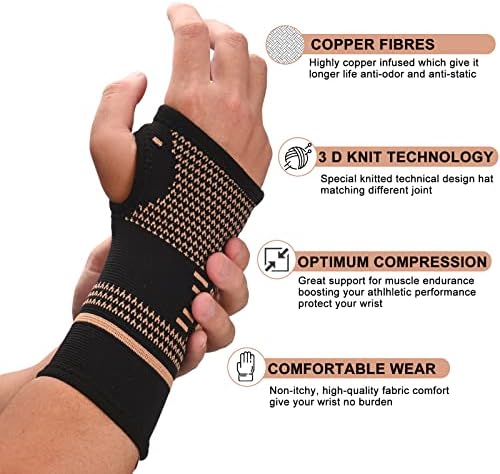 Copper Wrist Compression Sleeves, Comfortable and Breathable for Arthritis, Tendonitis, Sprains, Workout, Carpal Tunnel, Wrist Support for Women and Men (Pair)