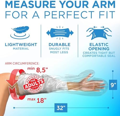 100% Waterproof Cast Covers for Shower Arm - Tight Seal - 2pk Adult Reusable Cast Protectors - Full Arm Bag Sleeves for Wounds Care - After Surgery Shower Bag for Hand, Wrist, Elbow, Forearm
