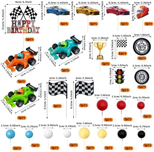 37PCS Race Car Cake Topper Racing Cake Decorations Decor Race Flags Cakes Ornament Colorful Cakes Decoration for Birthday Parties