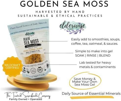 Elderwise Raw Sea Moss | Seamoss Makes 24oz of Gel | Wildcrafted Golden Sea moss | Raw | Sundried | Mineral and Vitamin Rich | Golden