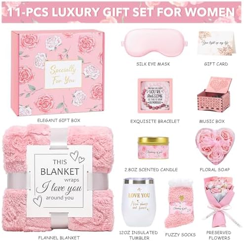 Mothers Day Gifts for Mom Wife Grandma Friends Sister, Birthday Gifts for Women, Self Care Get Well Soon Gifts, Spa Gift Baskets Set Thinking of You Care Package with Flannel Blanket Gift Box