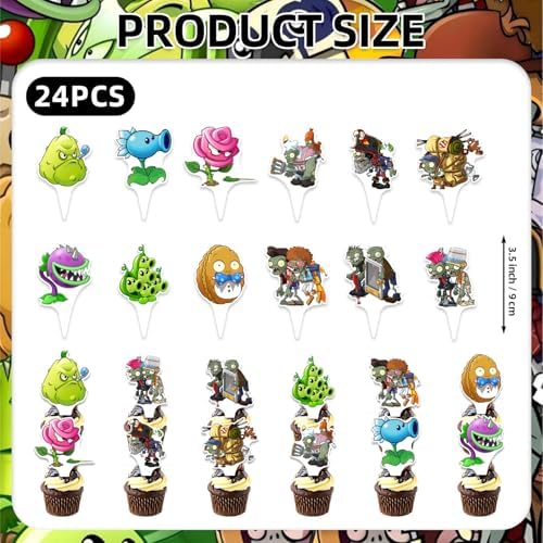 25Pcs Plants Zombie Birthday Party Supplies Pack Includes 1 Cake Topper 24 Cupcake Toppers for Plants Zombie Party Supplies