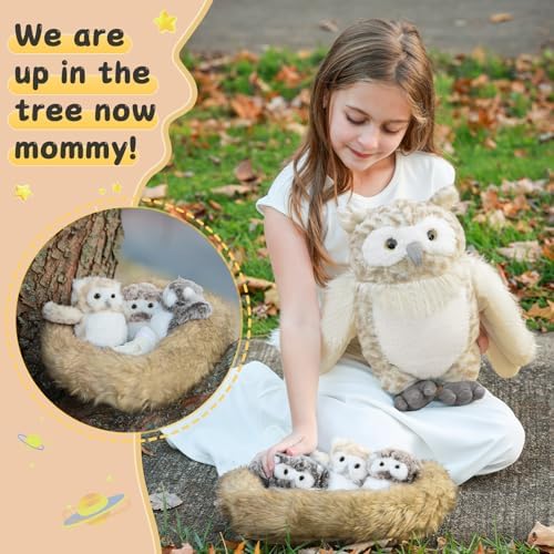 MorisMos 7 Pcs Owl Stuffed Animal with Babies Inside, 15 Inches Stuffed Owl Plush Toys Set with Little Baby Owls, Eggs, Nest, Gift for Kids Boys Girls Easter Birthday Christmas