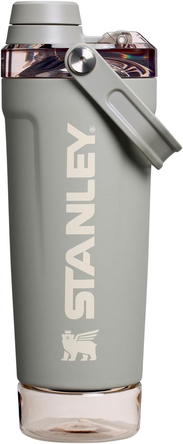 STANLEY Vitalize Shaker Bottle 20 oz | Leakproof Insulated Stainless Steel Shaker Cup | Base Storage and Twist On Fast Flow Lid | Protein Shakes and Pre Workout Powder | BPA-Free | Sage Grey