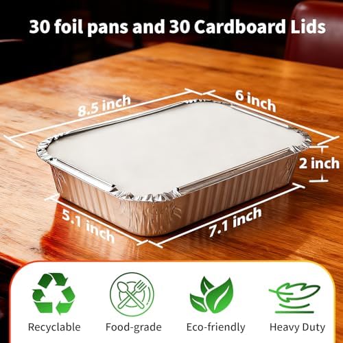 Aluminum Foil Pans with Lids - 2.25 LB Food Containers Disposable Tin Foil Meal Prep Containers with Lids, 50 Pans and 50 Cardboard Covers for Baking, Freezer & Food Storage, 8.5" X 6" (30 Pack)