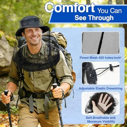 2 Pack Mosquito Head Net for Insects, Fly & Bug & Bee Protection | Ultra Large & Long, Lightweight & Breathable for Beekeeping, Camping, Hiking, Gardening, Safari | Fits All Hats for Men & Women