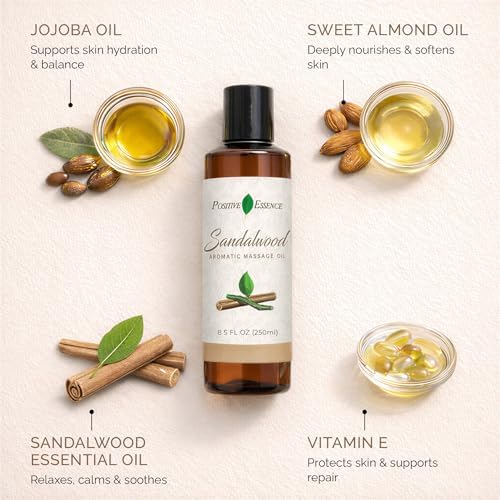 Sandalwood Massage Oil, Made with Jojoba, Vitamin E and Pure Sandalwood Essential Oil, Natural Body & Mind Relaxation, Aromatic
